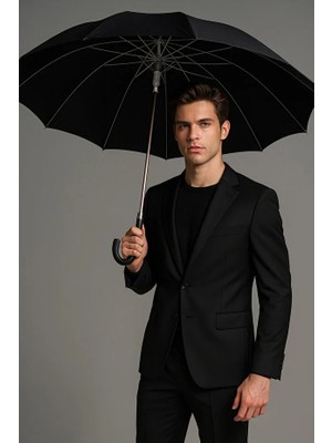 Macerati Kaliteli Siyah Kırılmaz Şemsiye Ahşap Sap 12 Telli Umbrella