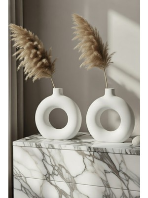 Safir Design 2'li Iskandinav Tarzı Halka Vazo Seti -Pampas Hediyeli- El Yapımı Beyaz Donut Vazo