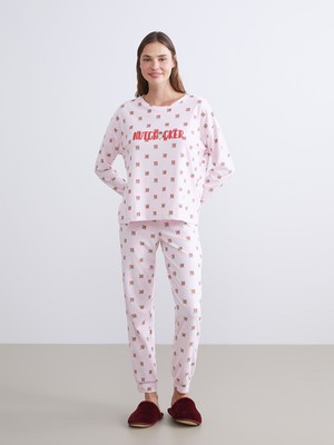 Lcw Pembe Bisiklet Yaka Yılbaşı Temalı Kadın Pijama Takımı
