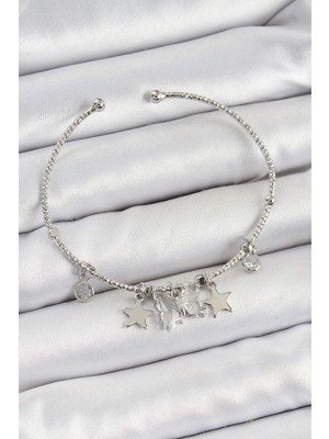 Vice Avm Pirinç Zirkon Taşlı Kelebek Ve Yıldız Model Gümüş Renk Charm Bileklik - TJ-BB7345 TG-V 9698