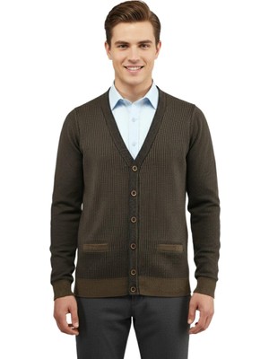 Çizgi Triko Erkek Düğmeli Hırka Cepli Çelik Örgü Klasik Kalıp 5208M BGL-ST04965