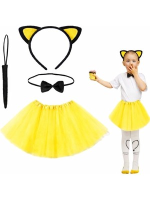 Marsilyan Sarı Renk Etekli Kedi Kostüm Seti (Tütü, Taç, Papyon, Kuyruk)