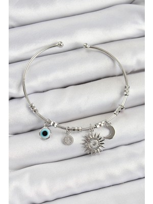 Vice Avm Pirinç Zirkon Taşlı Güneş Ay Ve Nazar Model Gümüş Renk Charm Bileklik - TJ-BB7346 TG-V 9699