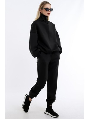 Dreamlike Kadın Uzun Fermuarlı Sportif Jogging Takım Siyah %100 Polyester Yumuşak Kumaş
