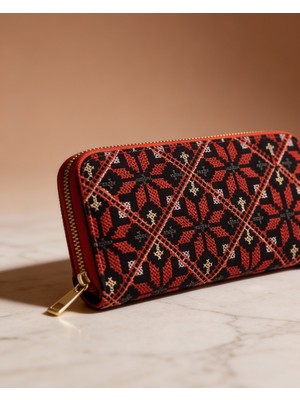 Filistin Geleneksel Renkli Kırmızı Nakışlı Tek Fermuarlı Kadın Büyük Cüzdeni 20*10 cm A100017