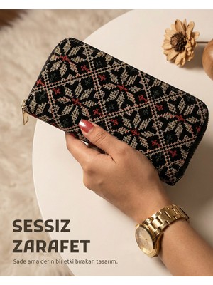 Filistin Geleneksel Gold Nakışlı Tek Fermuarlı Kadın Büyük Cüzdeni 20*10 cm A100018