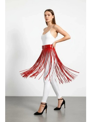 Moda Şahsenem Kırmızı Etek Püsküllü Suni Deri Etek Yüksek Bel Etek - BRF1090