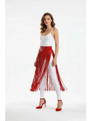 Moda Şahsenem Kırmızı Etek Püsküllü Suni Deri Etek Yüksek Bel Etek - BRF1090