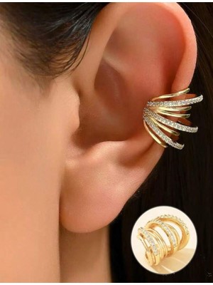 Ithal Vip Çelik Altın Renk Zirkon Taşlı Deliksiz Çoklu Görünüm Geçirmeli Kıkırdak Küpe