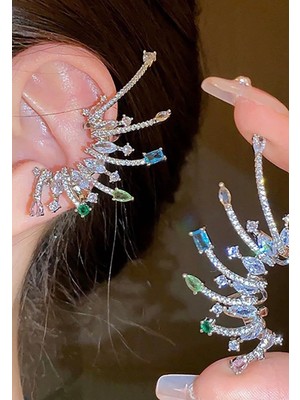 Büyük Zirkon Taşlı Renkli Taş Detaylı Deliksiz Geçirmeli Büyük Kıkırdak Küpe