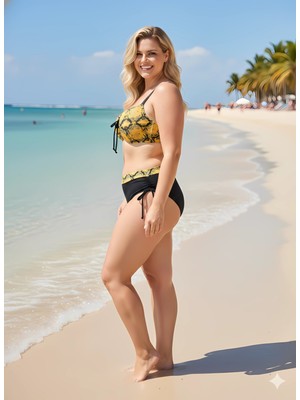 Hazelin Kadın Sarı Siyah Desenli Taş Işlemeli Toparlayıcı Bikini Takım HZL25S-LC3333