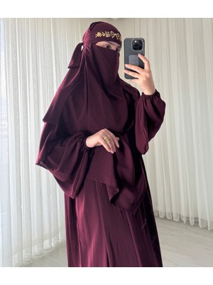 Atelier Cheval Medine Ipeği Sufle Elbise Peçe Takımı, Hac Umre Kadın Ferace Takım, Tesettür Elbise Takım (3 Parça)