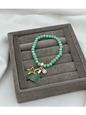 Su Yeşili Kristal Boncuklu Püsküllü Yıldız Bileklik