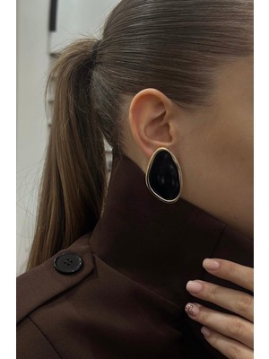 Vip Çelik Marka Model Oval Kesim Altın Çerçeve Büyük Siyah Plaka Küpe