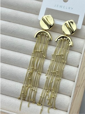 Çelik Vip Seri Püsküllü Altın Renk Uzun Küpe