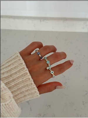 Lacivert Mineli Zirkon Taşlı Ayarlanabilir Lacivert Nazar Boncuklu Yüzük