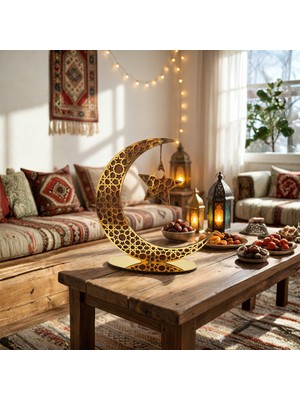 Multi Trendy Ramazan’a Özel Ahşap Altın Pleksi Ay Yıldız Masa Üstü Süsü | Dekoratif Hilal Masa Süsü