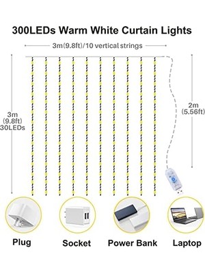 Skygo Işık Perdesi, 3 x 3 M, LED Işık Zinciri, Perde, 8 Modlu, IP65 Su Geçirmez, Iç ve Dış Mekan Dekorasyonu, Düğün, Parti,, Teras Için (300 Led, Sıcak Beyaz)