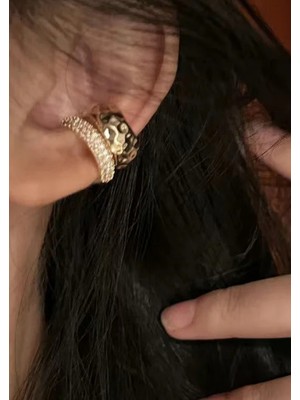 Vip Çelik Altın Renk Zirkon Taşlı Ikili Görünüm Deliksiz Kıkırdak Geçirmeli Küpe