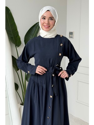 Tesettür Diyarı Penta Cupra Tansel Kumaş Kuşaklı Tesettür Elbise- Lacivert