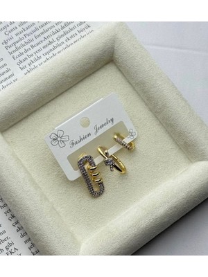 Çelik Vip Iki Renkli Marka Model Taşlı 3’lü Küpe Seti