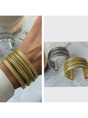 Altın Renk Çelik Çoklu Görünüm Marka Model Hasır Detay Kelepçe Bileklik