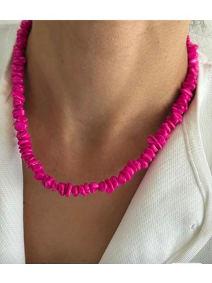 Fuşya Pembe Boncuklu Kısa Kolye