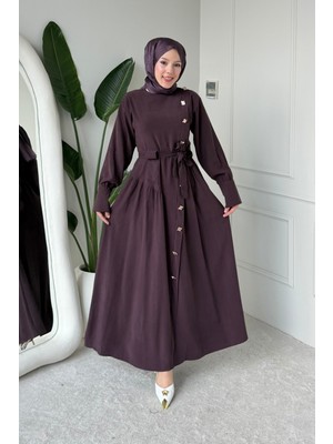 Tesettür Diyarı Penta Cupra Tansel Kumaş Kuşaklı Tesettür Elbise- Mürdüm