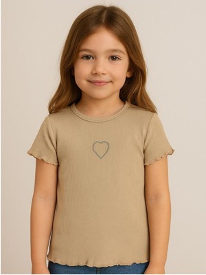Civil Girls Kalp Baskılı 2-5 Yaş Tişört - Bej