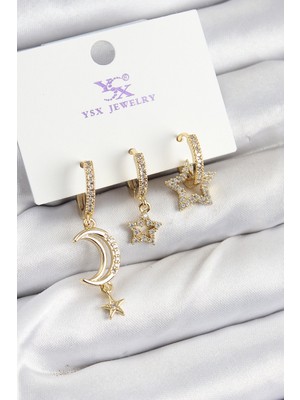 Vice Avm Pirinç Zİrkon Taşlı Ay Ve Hilal Model Gold Renk 3'lü Kadın Küpe - TJ-BKP10942 TG-V 9848