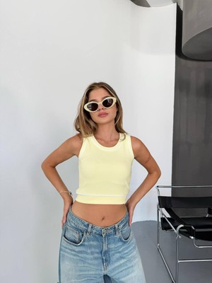 Kechi Woman Biyeli Crop Top, Kolsuz Triko Bluz, Kontrast Şeritli Tasarım Ottoman Kumaş