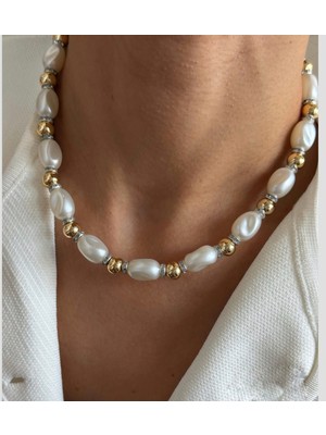 Çelik Vip Incili Iki Renkli Zarif Model Inci Kolye