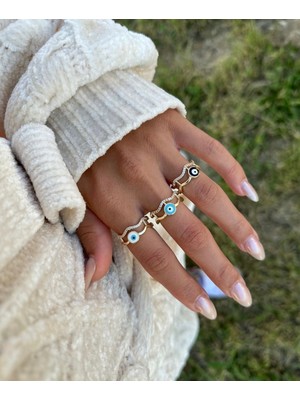 Lacivert Mineli Nazar Boncuklu Ayarlanabilir Yüzük