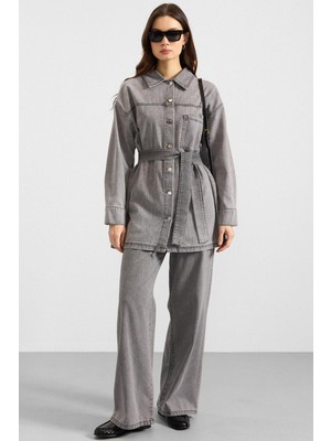 Olcay Metal Düğmeli Soft Denim Ceket Pantolon Gri 9401-TK