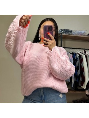 Pembe Bisiklet Yaka Örgü Desen Kadın Triko Kazak