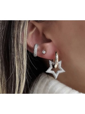 Çelik Vip Seri Iki Renkli Zirkon Taşlı Yıldızlı Halka Küpe