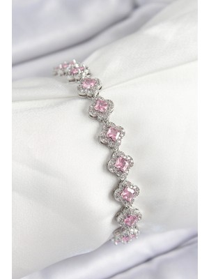 Vice Avm Pirinç Zirkon Taşlı Pembe Yonca Baget Model Gümüş Renk VIP Seri Kadın Bileklik - TJ-BB7505 TG-V 9871