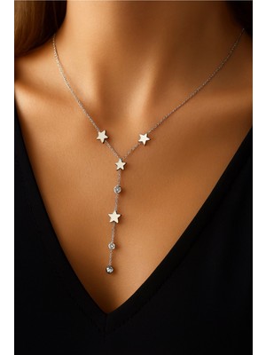 Çelik Gümüş Renk Yıldızlı Taşlı Y Model Kolye