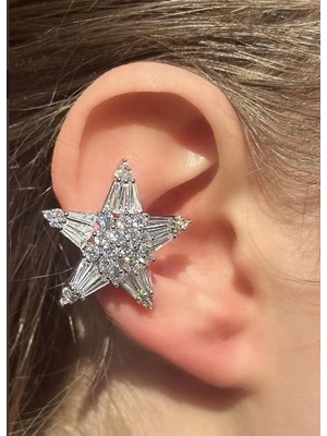 Çelik Vip Gümüş Renk Büyük Zirkon Taşlı Yıldız Kıkırdak Küpe