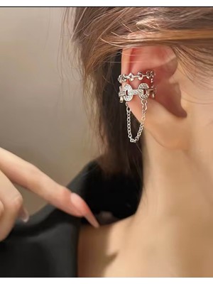 Çelik Vip Gümüş Renk Ikili Görünüm Sarkıt Zincirli Deliksiz Geçirmeli Kıkırdak Küpe