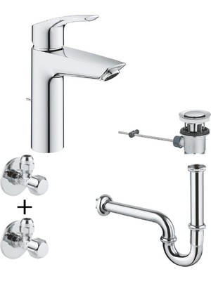 Grohe Eurosmart Tek Kumandalı Lavabo Bataryası M-BOYUT-23322003 + Ara Musluk 1/2″ (22018000) + Sifon ( 28961000)