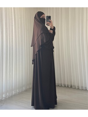 Atelier Cheval Medine Ipeği Sufle Elbise Peçe Takımı, Hac Umre Kadın Ferace Takım, Tesettür Elbise Takım (3 Parça)