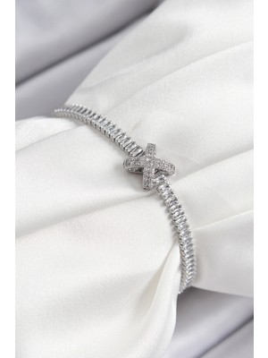 Vice Avm Pirinç Zirkon Taşlı X Detaylı Su Yolu Model Gümüş Renk Asansörlü Kadın Bileklik - TJ-BB7467 TG-V 9812