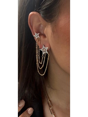 Çelik Vip Seri Zirkon Taşlı Zincirli Tek Delik Kıkırdağa Geçirmeli Yıldızlı Tarz Kıkırdak Küpe