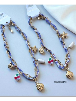 Çelik Mor Desenli Kumaş Üzerine Salyangoz Deniz Yıldızı Midye Kiraz Objeli Kolye