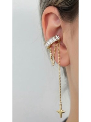 Çelik Vip Gold Renk Zincirli Sallantılı Baget Taşlı Sarkıt Yıldızlı Püsküllü Kıkırdak Küpe