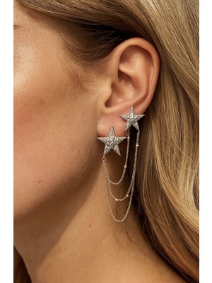 Çelik Vip Seri Yıldızlı Zincirli Kıkırdağa Geçirmeli Tekli Küpe