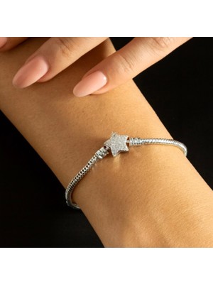 Çelik Gümüş Renk Yıldızlı Taşlı Marka Model Bileklik