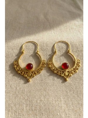 Clandestino Kırmızı Taşlı Otantik Halka Küpe Altın