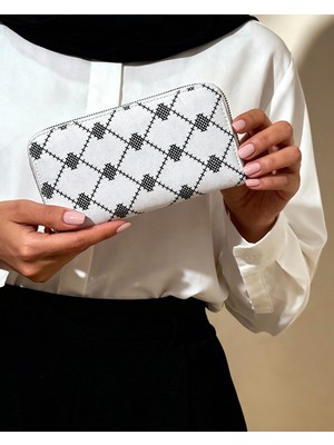 Filistin Geleneksel Beyaz Kefiye Nakışlı Tek Fermuarlı Kadın Büyük Cüzdeni 20*10 cm A100019